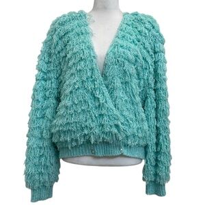 Side Effect Vintage Bubblegum Blue Shag Fringe Crochet Cropped Sweater